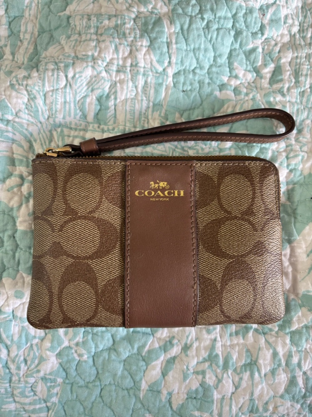 Coach Brown Signature Canvas Wristlet with Leather Trim